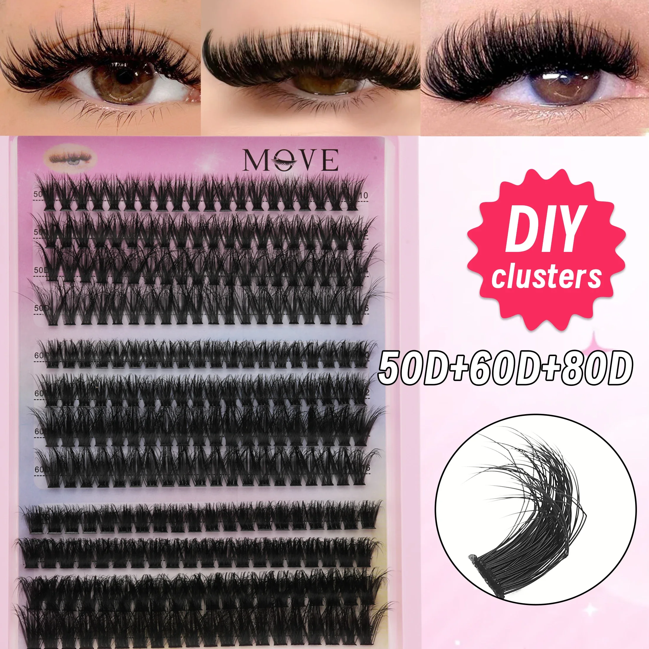 Mixed 50D+60D+80D Lash Clusters D Curl Individual False Eyelashes DIY Voluminous Soft Eyelash Extensions Eye Makeup