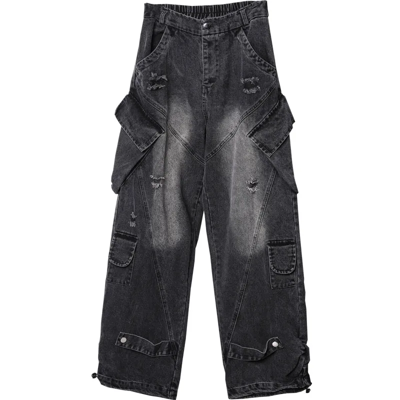 Wasteland Wind Heavy Industry Multi-Pocket Jeans Hip Hop Techwear Street American Style Straight Cargo Wide Leg Pants