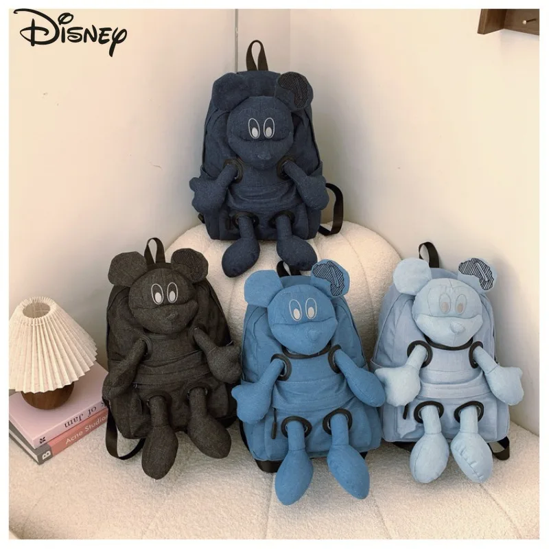 Disney mickey nova denim mochila feminina grande capacidade boneca bonito dos desenhos animados saco de viagem moda casual mochila