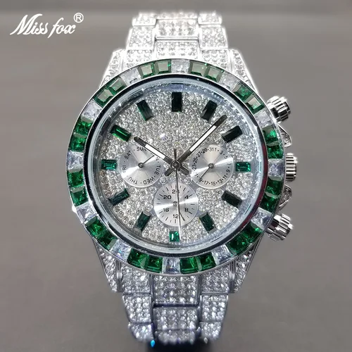 MISSFOX-reloj con calendario de Hip Hop para hombre, elegante, con diamantes verdes, automático, con fecha, resistente al agua, novedad de 2022