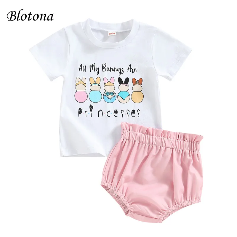 

Blotona Baby Girls Easter Shorts Set, Short Sleeve Letter Rabbit Print T-shirt with Elastic Waist Shorts Summer Outfit, 0-3Years