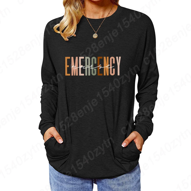 New Fashion Clothes Women Casual Long Sleeve T-Shirt Emergency Nurse Graphic Sweatshirt O-neck Blouses Solid Color Pullover Tops