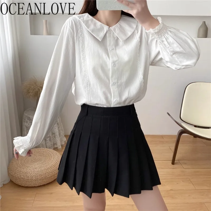 

OCEANLOVE Sweet White Blouses Peter Pan Collar Spring Autumn Solid Women Shirts Korean Fashion Ruffles Elegant Blusas Mujer