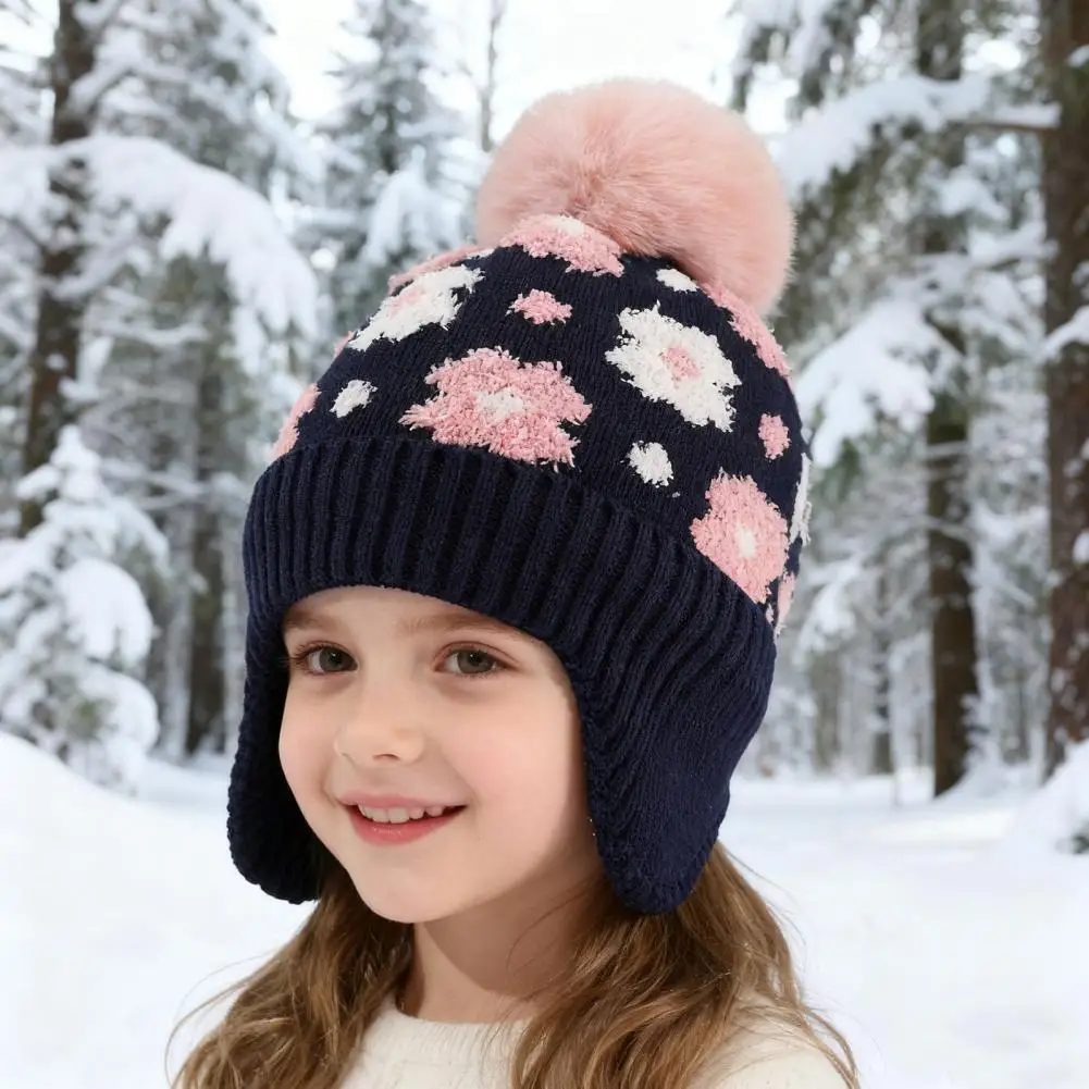 Children Woolen Hat with Fur Ball Small Flower Decorations Ear Protection Thickened Plush Lining Knitting Hat