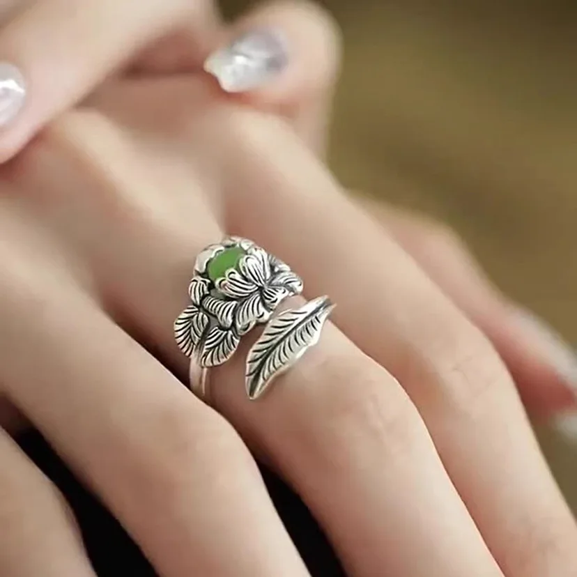 Silver new vintage ethnic style, national color, heavenly fragrance, peony flower ring, adjustable men's and women's jewelry