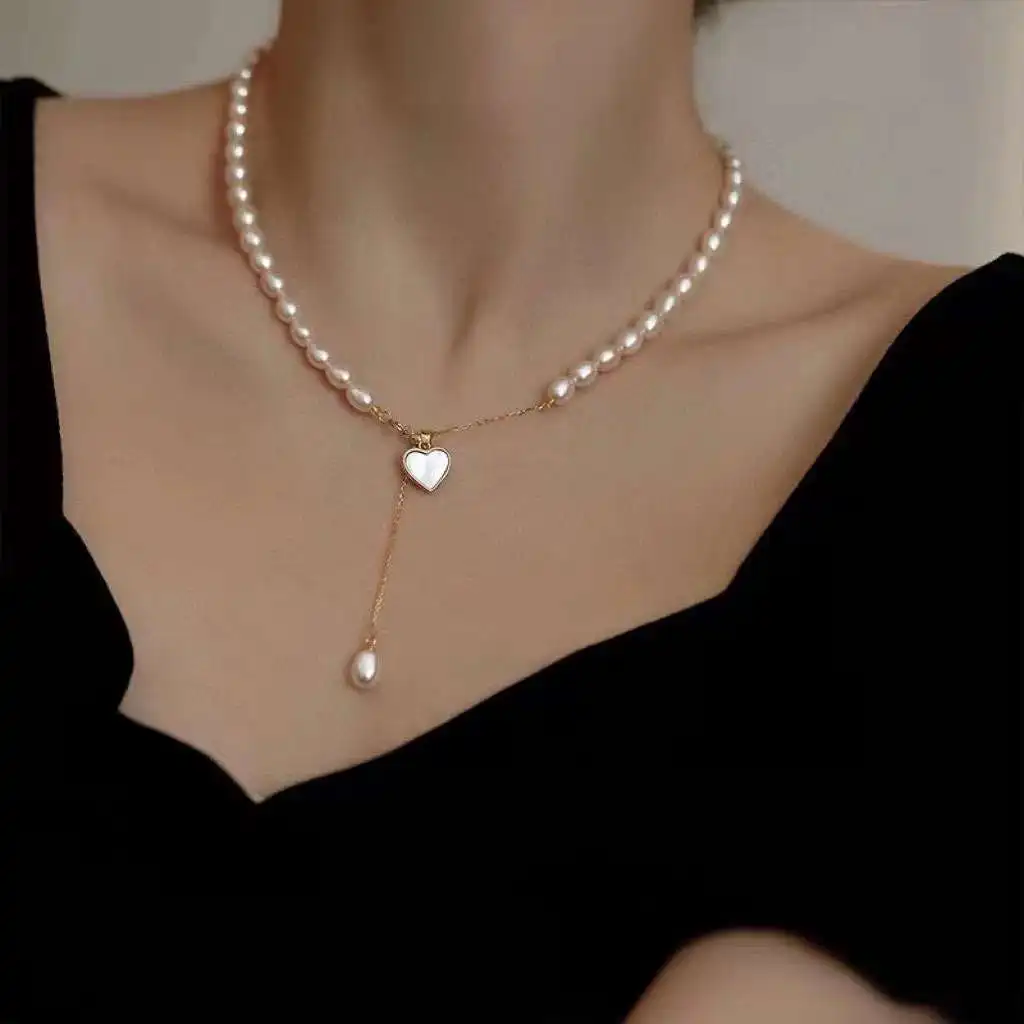 N Love Mother Shell Necklace 36cm 5-6mm Natural Freshwater Rice Pearl Necklace Length Adjustable Beauty Pearl Necklace