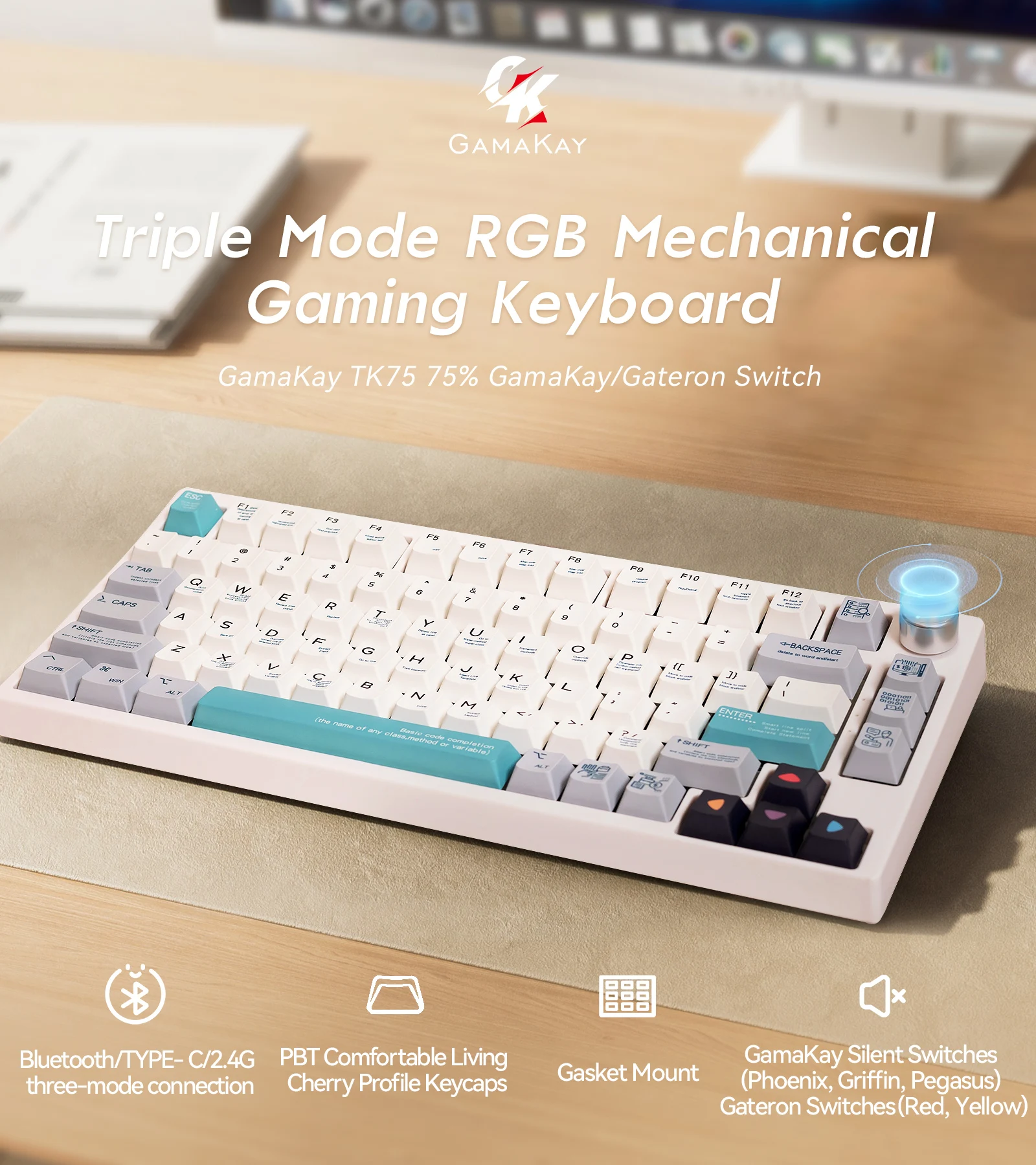 Imagem -05 - Gamaavi-teclado Gaming Mecânica Interruptor Silencioso Modo Triplo Rgb Pbt Cherry Keycaps Perfil Tk75 75