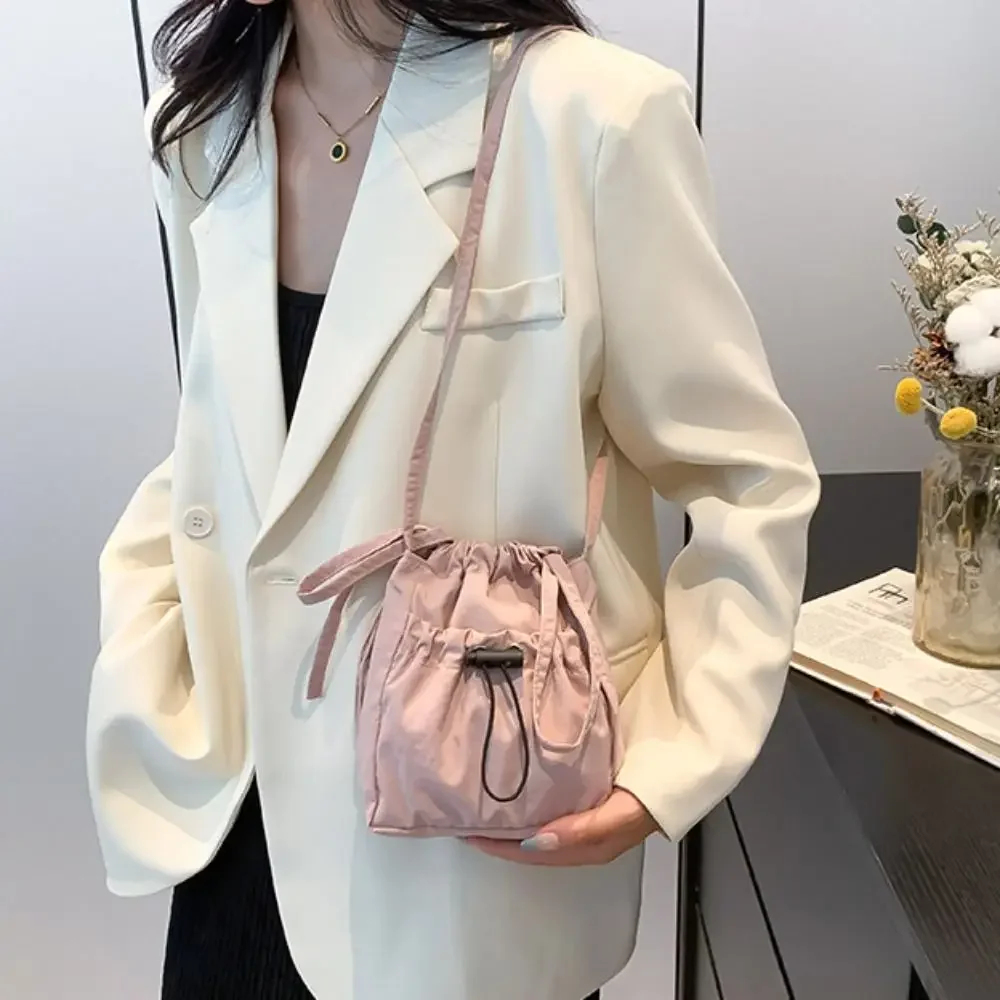 Korean Style Solid Color Nylon Shoulder Bag Fashionable Drawstring Canvas Bag - Image 5
