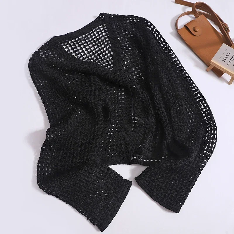 Kimotimo Hollow Out Sunscreen Cardigan Women New Long Sleeve One Button Thin Knit Tops Korean Solid Trend Outwear Sweater