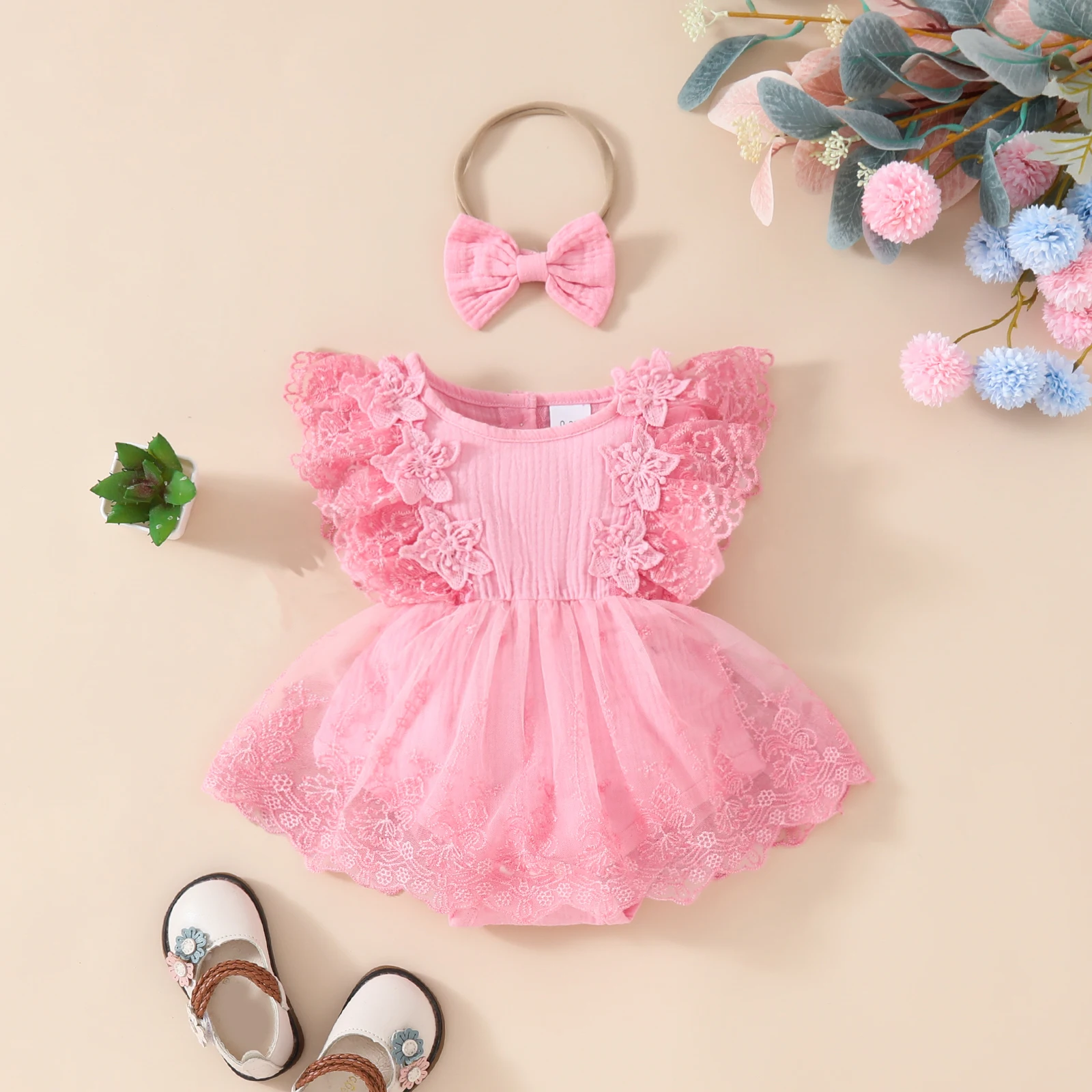 Baby's Lace Flower Embroidered Mesh Dress, Solid Color Lovely Sleeveless Dress, Infant & Toddler Girl's Clothing For Summer