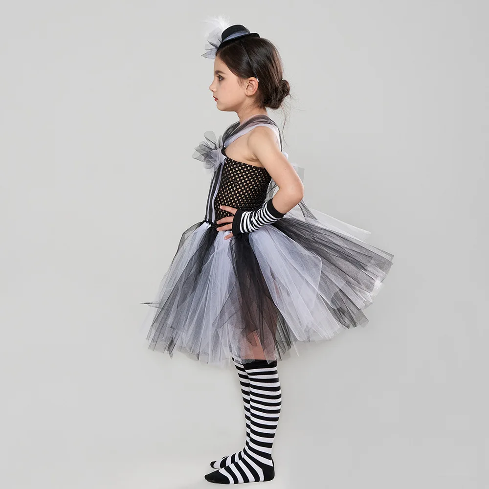 Gotisches Geister-Tutu-Kostüm für kleine Kinder, schwarz-weißes Tüllkleid, volle Socken, Stirnband für Süßes oder Saures, Schule, Bühne, Faschingskostüm – Detail 4