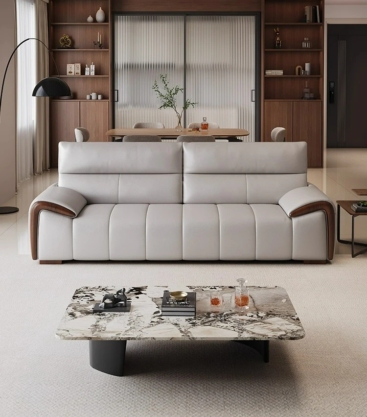 LTT Italian leather sofa small apartment living room first layer cowhide straight row solid wood sofa