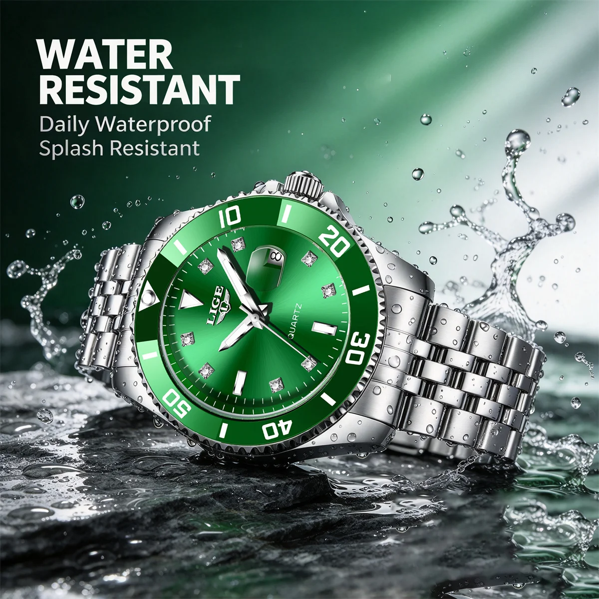 LIGE Men Quartz Watch Green Waterproof Watch for Men Stainless Steel Quartz Men Luxury Watch Luminous Wristwatch Reloj Hombre