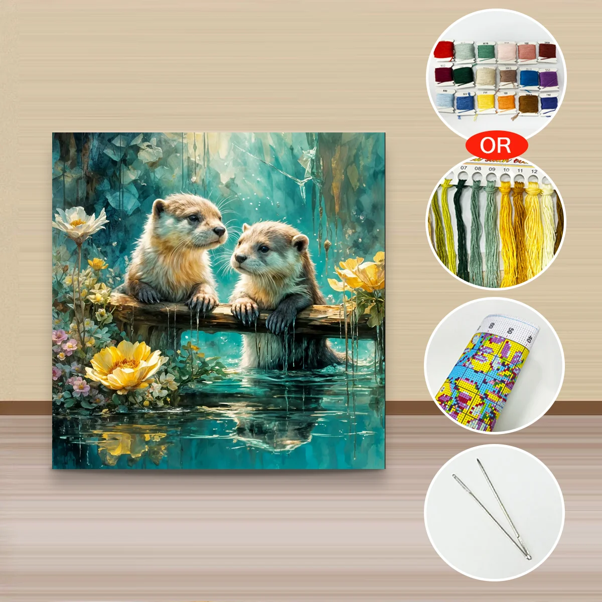 1 Stück 40x40 cm/15,74 Zoll, 11Ct/14Ct Kreuzstich-Set, DIY Valentinstagsgeschenk, Stickerei-Set für Festlichkeiten, Otter-Paar – Detail 3