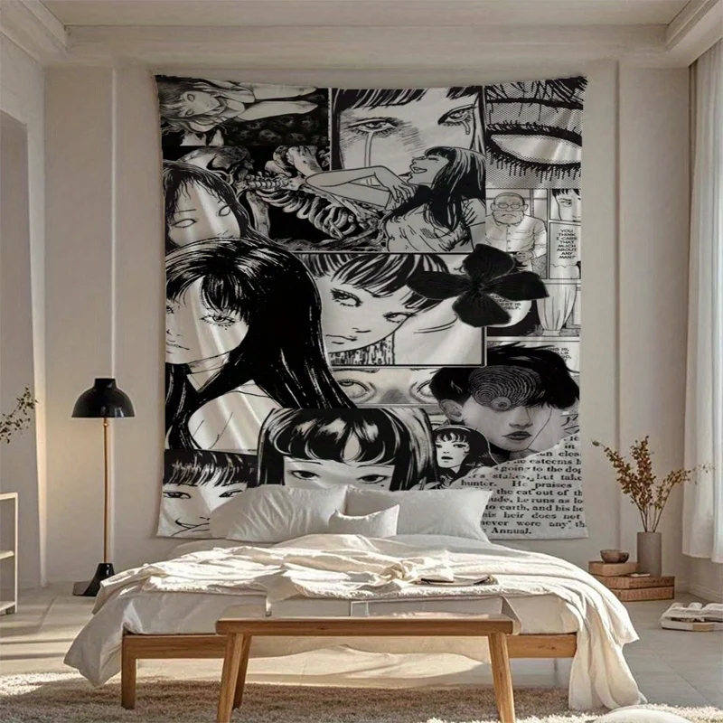 Black and White Horror Comic Style Girl Pattern Wool Tapestry - Durable Wrinkle-Resistant Soft Wall Hanging for Dormitory