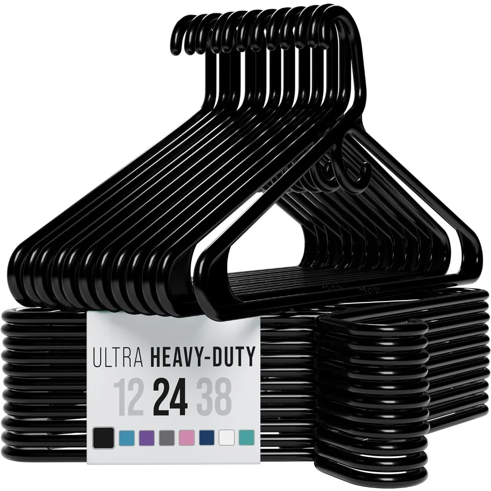 

Ultra Heavy Duty Plastic Clothes Hangers - Black - Durable Coat, Suit and Clothes Hanger. Perchas De Ropa (24 Pack - Black)