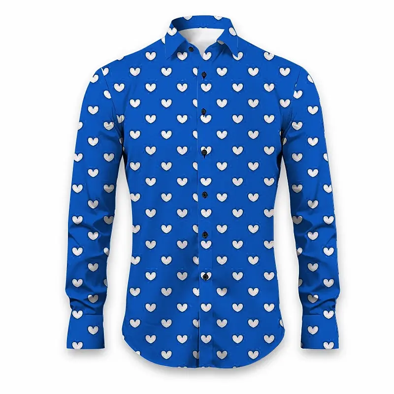 Men's Long Sleeve Shirt Valentine's Day Heart Shape Casual Men's Shirt for Everyday Outing Autumn Winter Lapel Long Sleeve Blue