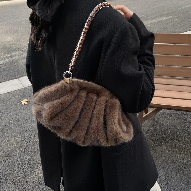 Luxury Faux Fur Pleated Shoulder Bag for Women 2024
