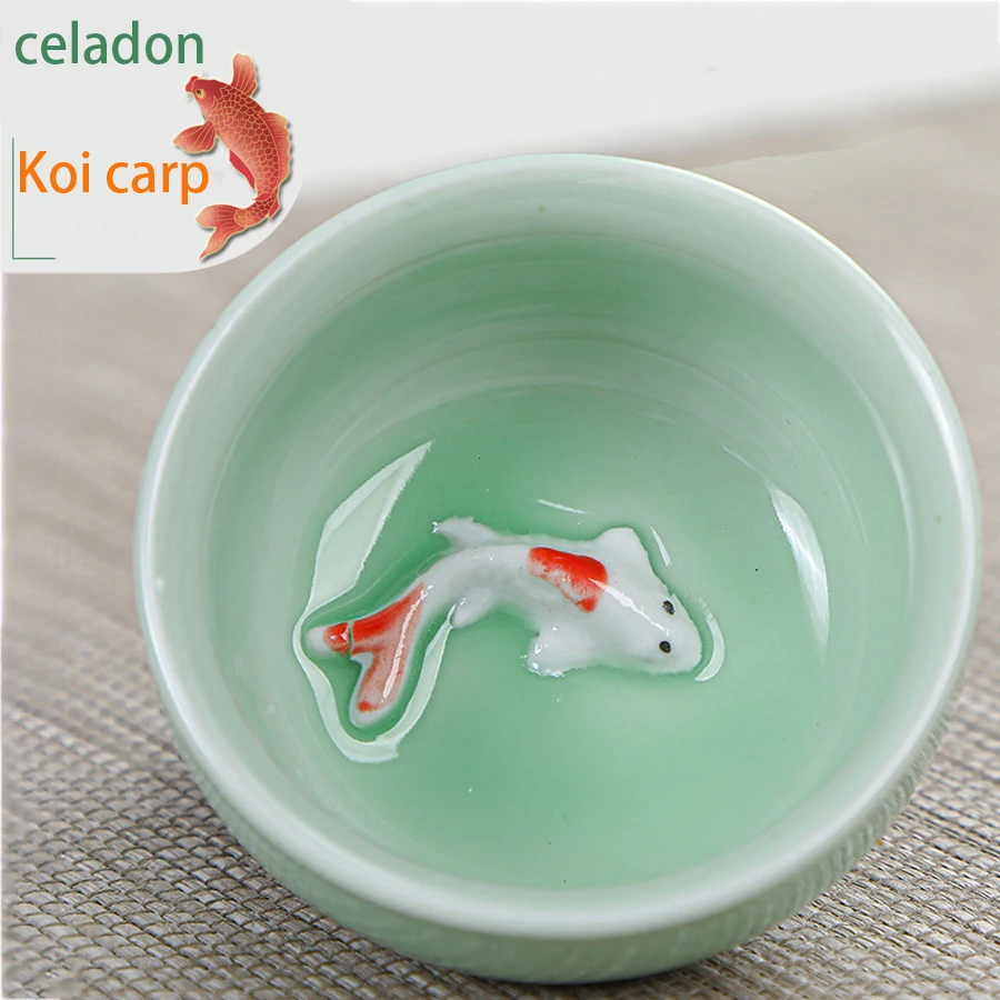 Tea set: 2 cups of celadon carp per pot, 4 cups, 1 tea plate, Kung Fu tea set