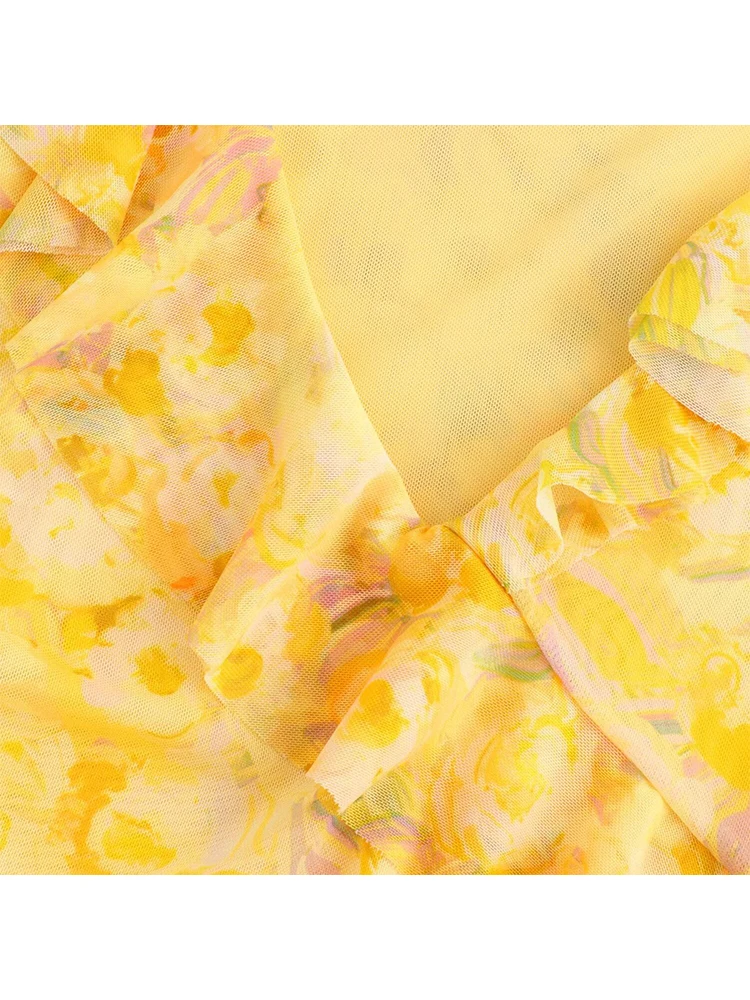 TRAF 2024 Summer Women Printed Pleated Dress Elegant Ruffles Sleeveless Mini Dress Fashion Female Slim Folds Beach Party Dress