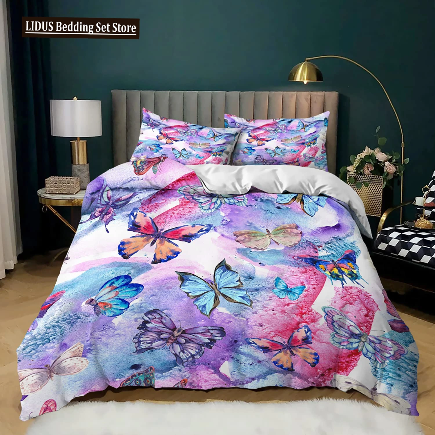 

Butterfly Duvet Cover Set King Size Blue Purple Butterflies Printed Comforter Cover Set For Girls Kids Quilt Cover Pillowcases