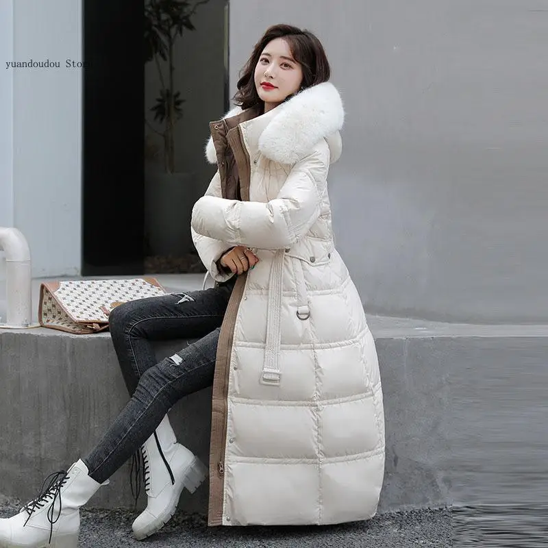 Elegant Hooded Fur Collar Large Size Loose Female Coat Women Winter Down Jacket 90% White Duck Down Thick Warmth