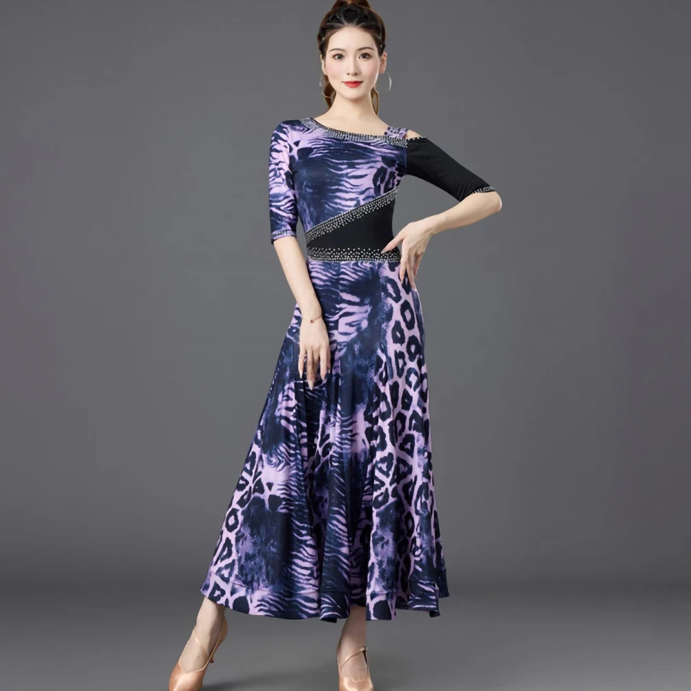 

latin dance dress Leopard Stage Costume Fishbone Skirt Practice Dance Dress Green Leopard Waltz Middle Sleeve Ballroom Dance