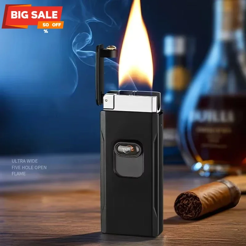 2024 Creative Lift Ultra Wide Five Open Flame Butane Gas Lighter Gravity Sensing Shake Ignition Type-C Electric Lighters Smoking