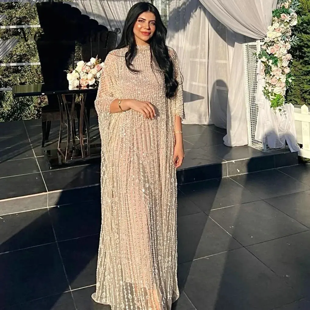 Champagne Eid Muslim Beaded Evening Dresses Ramadan Arabic Turkey Kaftans Islamic Women's Wedding Party Gowns Customized Robes