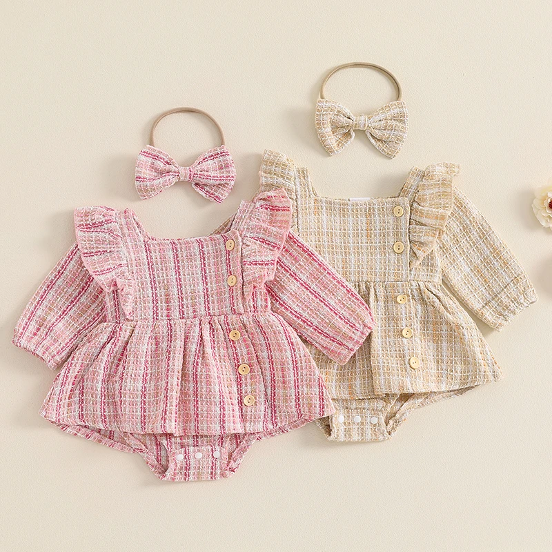 

Infant Baby Girls Princess Plaid Romper Dress Cute Long Sleeve Ruffles Bodysuits with Headband Newborn Clothes