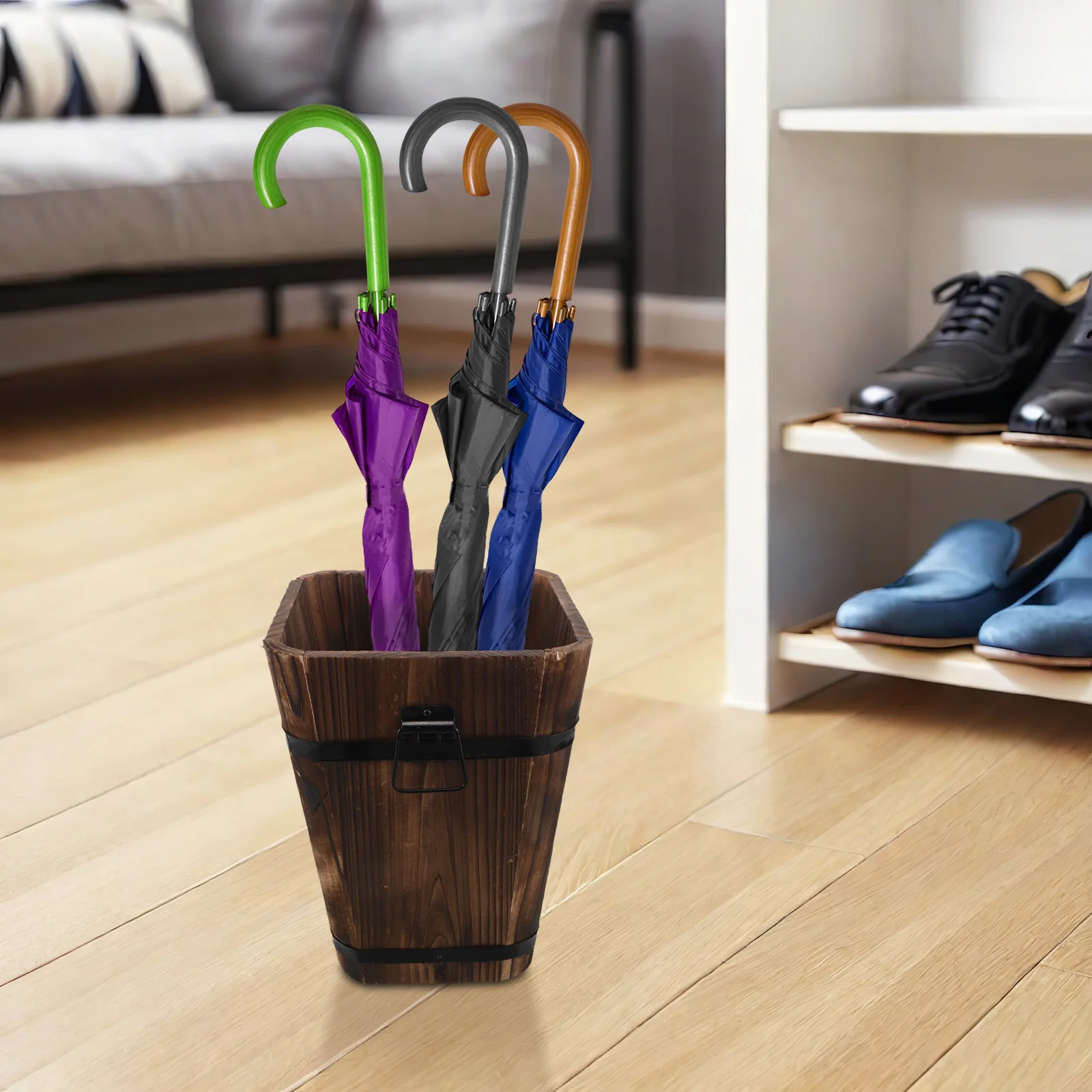 

Wooden Umbrella Storage Stand Multifunctional Carbonized Wood Organizer for Canes Fans Hallway Office Entryway with Drainage