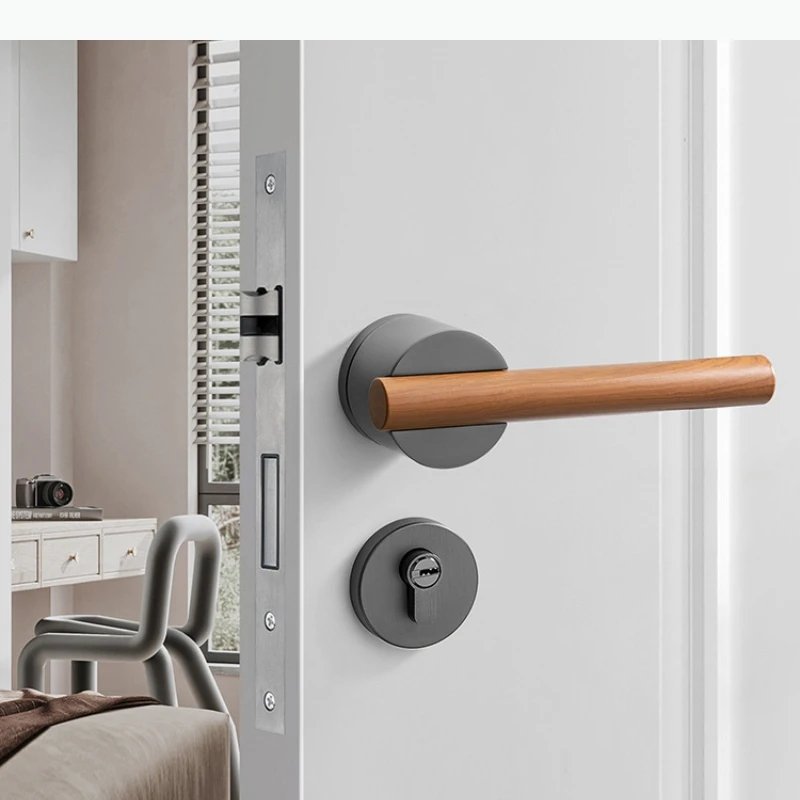 قفل باب معدني لغرفة النوم، أقفال صامتة داخلية، أقفال أمان عالمية، قفل مقسم، أجهزة مقبض الباب الخشبي