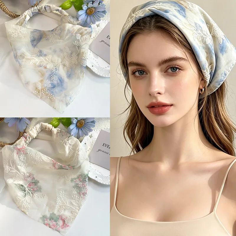 French Retro Pastoral Embroidered Floral Triangular Headband, Breathable and lightweight Ideal for Daily Face‑Washing and Makeup