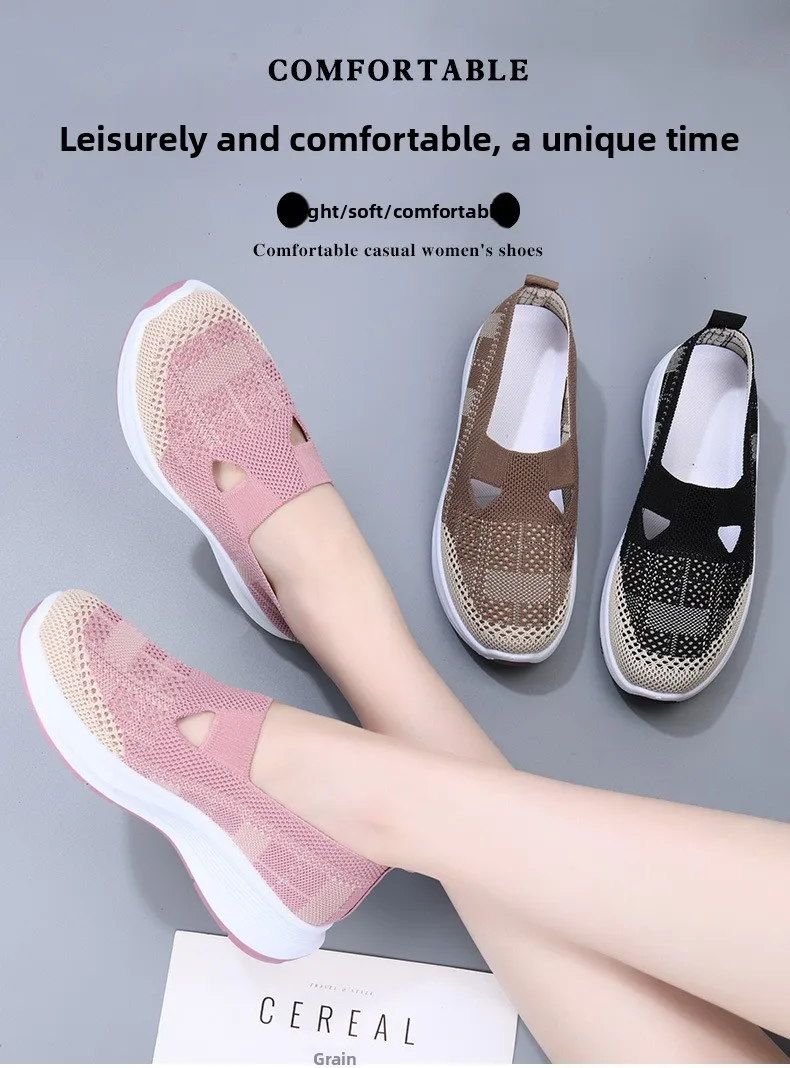 Damen-Slipper aus hohlem Netzstoff, atmungsaktiv, gestrickt, dicke Plattform, leicht, rutschfest, lässige Loafer für Mütter, Senioren, Outdoor – Detail 1
