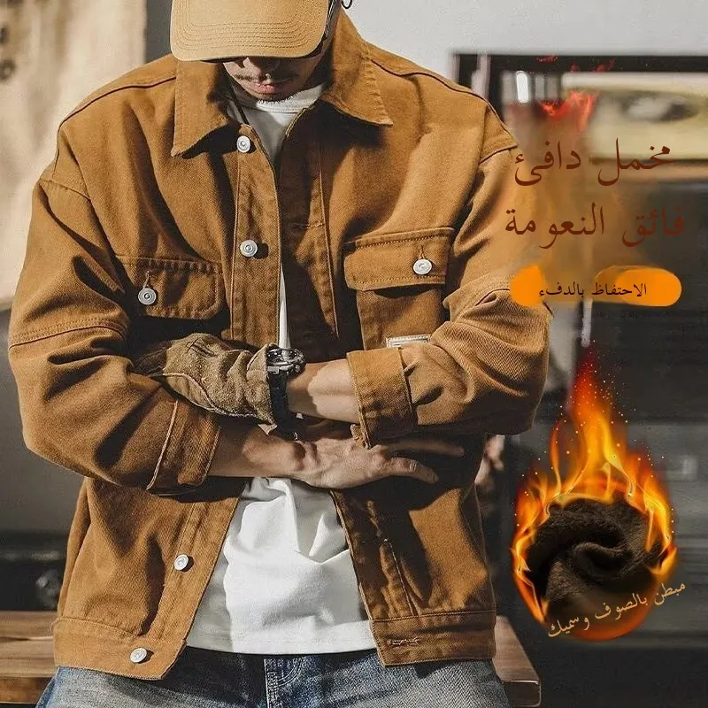 

Men's Workwear Denim Jaet Long Sve Fce Lined Construction Site W Anti-Scald Wear Resistant Autumn Winter Coat