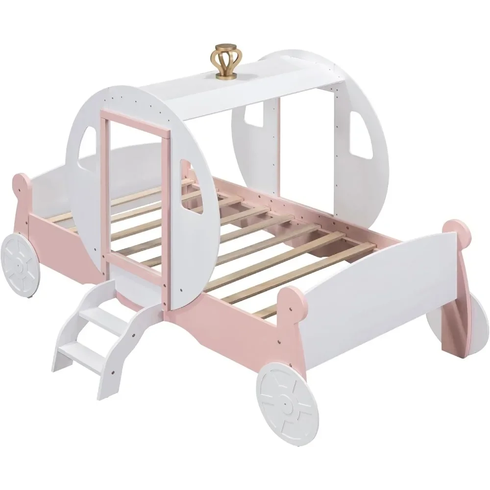 Marco de cama de carro de princesa de tamaño doble para niños, niñas, niños pequeños con corona, cama de coche con plataforma de madera con escalera, muebles para niños