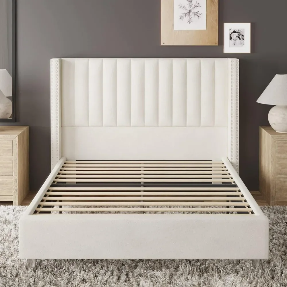 Large bed frame, tall headboard wing back, velvet, no need for spring mattress, easy to assemble, cream color