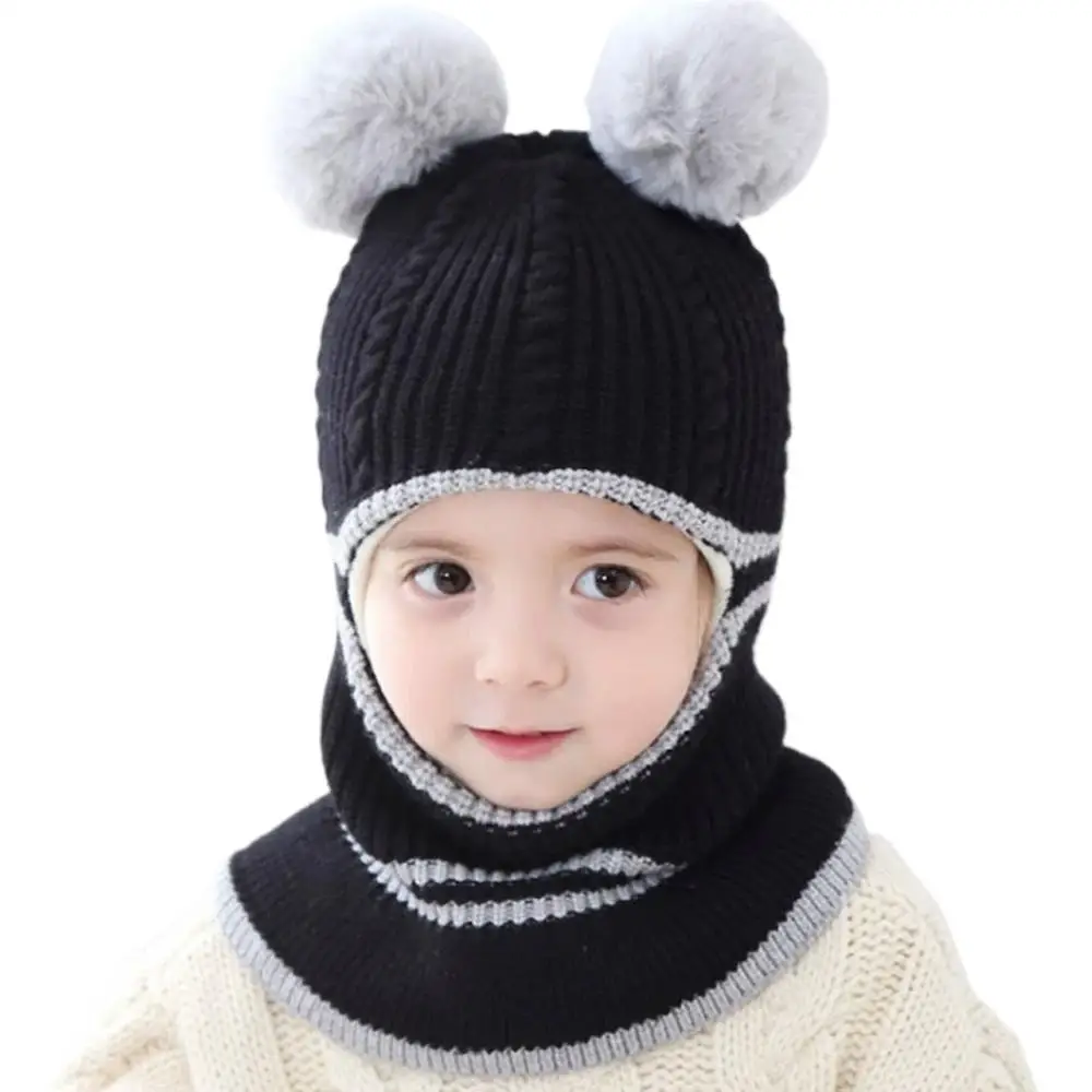 Cappello pullover lavorato a maglia caldo per bambini con pompon Paraorecchie termici per ragazze dei ragazzi Berretto carino Cappuccio per bambini unisex Accessori invernali
