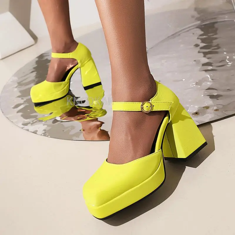 Baotou women\'s sandals shoes Spring and Autumn square toe small leather shoes Women\'s thick sole single shoes High heels Shallow