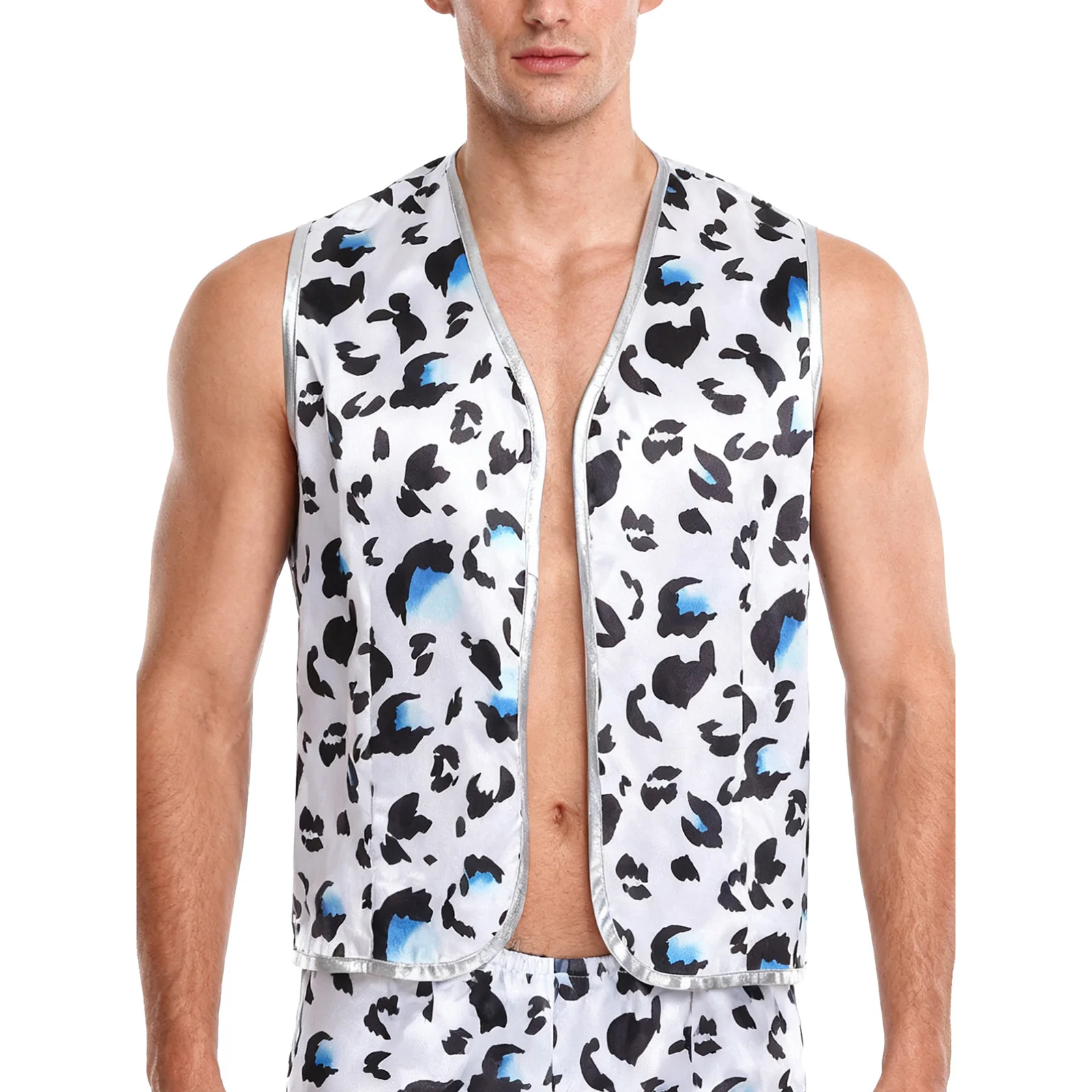 

Men Fashion Cow Print Vest Halloween Western Cowboy Cosplay Theme Party Costume Sleeveless Metallic Trim Open Front Waistcoat