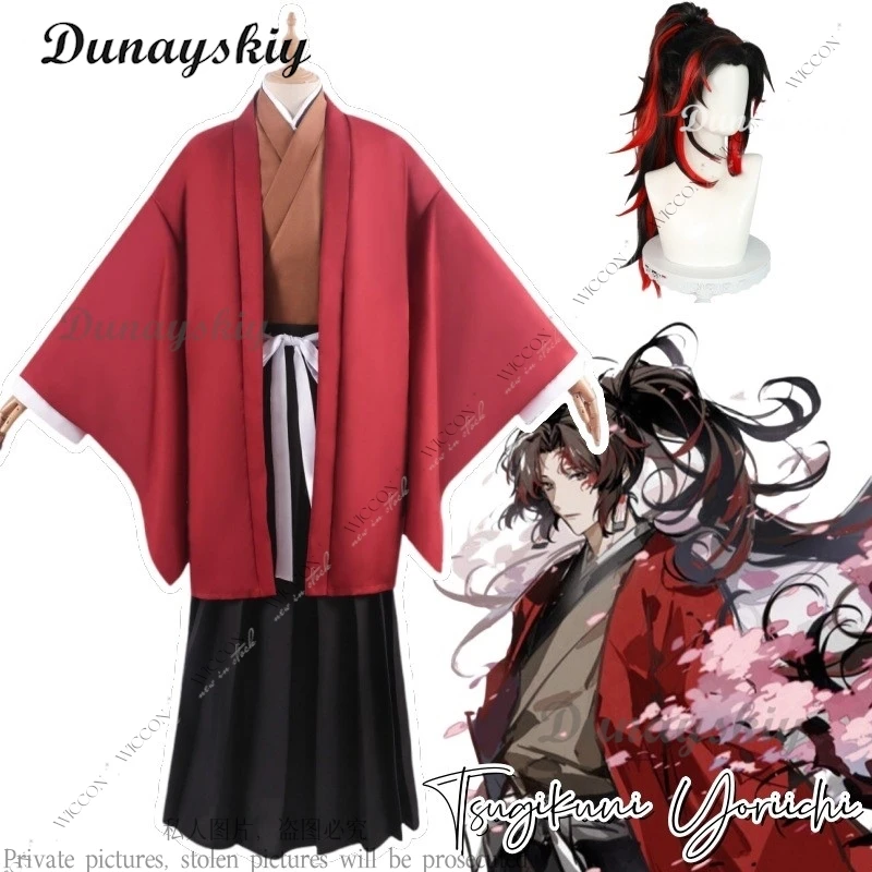 Yoriichi Tsugikuni traje de cosplay masculino com peruca, festa de Halloween, guerreiro japonês, vermelho e preto, quimono de batalha