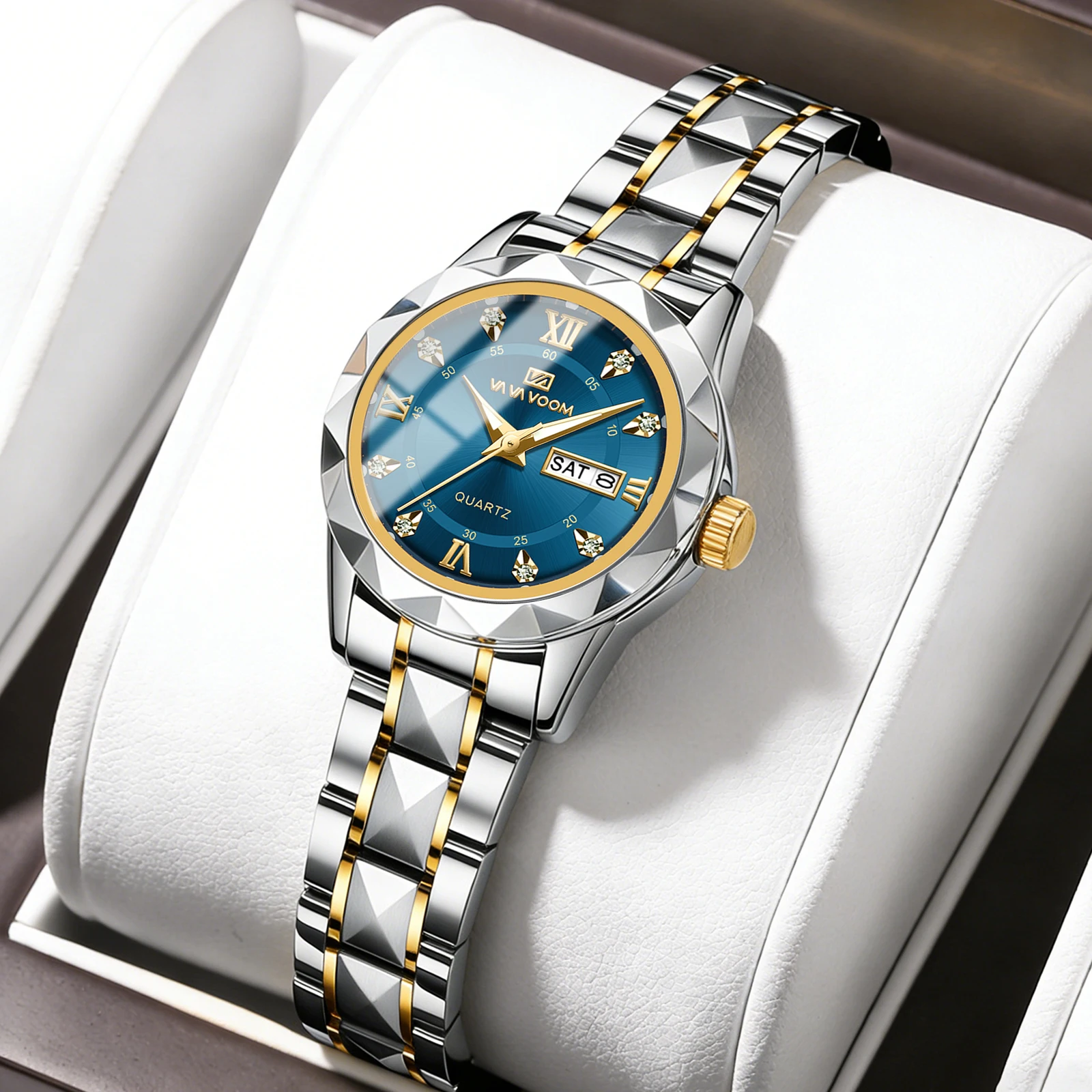 

Women Quartz Watch TwoTone Stainless Steel Band 28mm Case Everyday Use 3Bar Waterproof Elegant Blue Dial Ladies Wristwatch Reloj