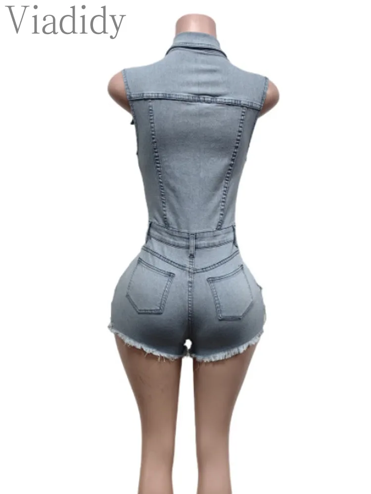 Pagliaccetti da donna sexy in denim tinta unita senza maniche con bottoni sul davanti