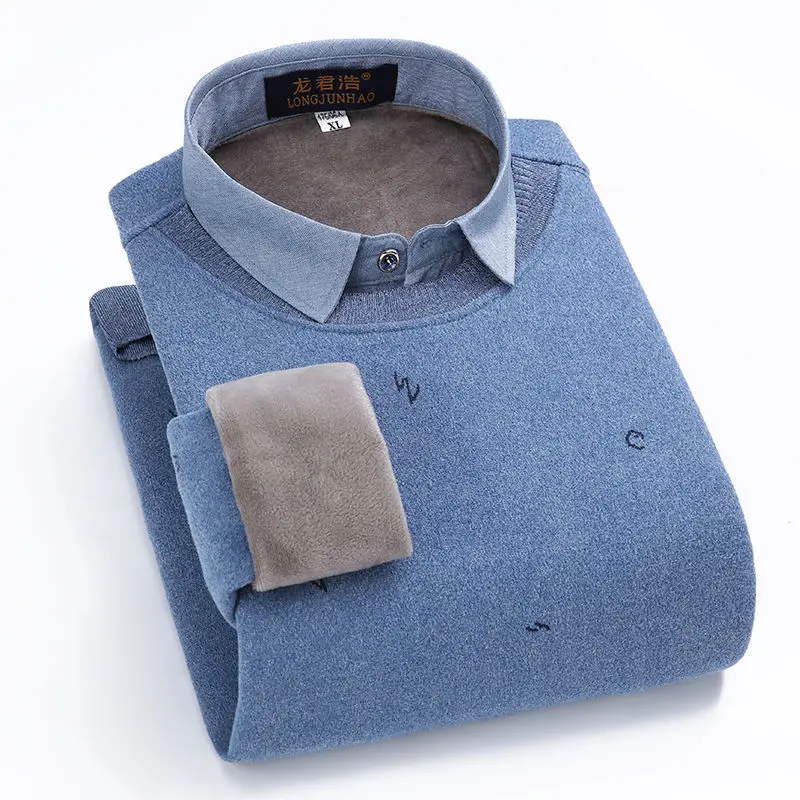 Suéter de cuello de camisa de felpa gruesa para hombre, suéter de punto falso, Delgado, cálido, nuevo