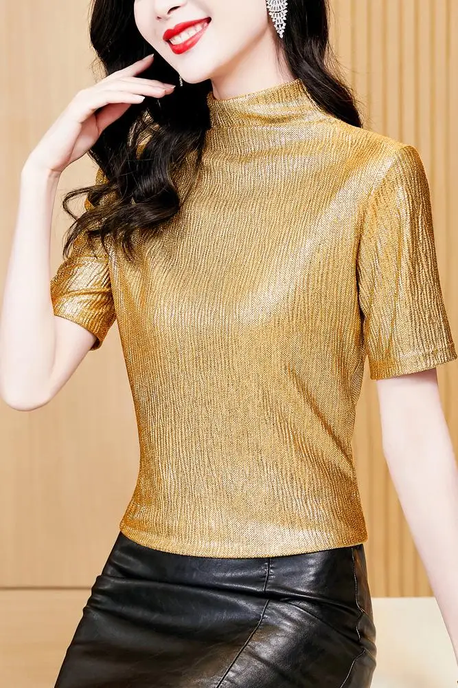 New Korean Fashion Half High Collar Gold Shirt Slim Fit Short Sleeve Knitted T-shirt Solid Color All Match Casual Women Tops