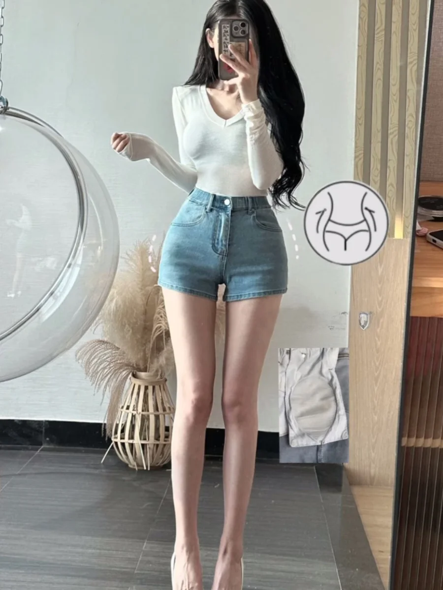 شورت جينز نسائي عالي الخصر، مثير ونحيف مع حشوة لرفع المؤخرة، تصميم أمريكي جريء بلون أزرق فاتح #5