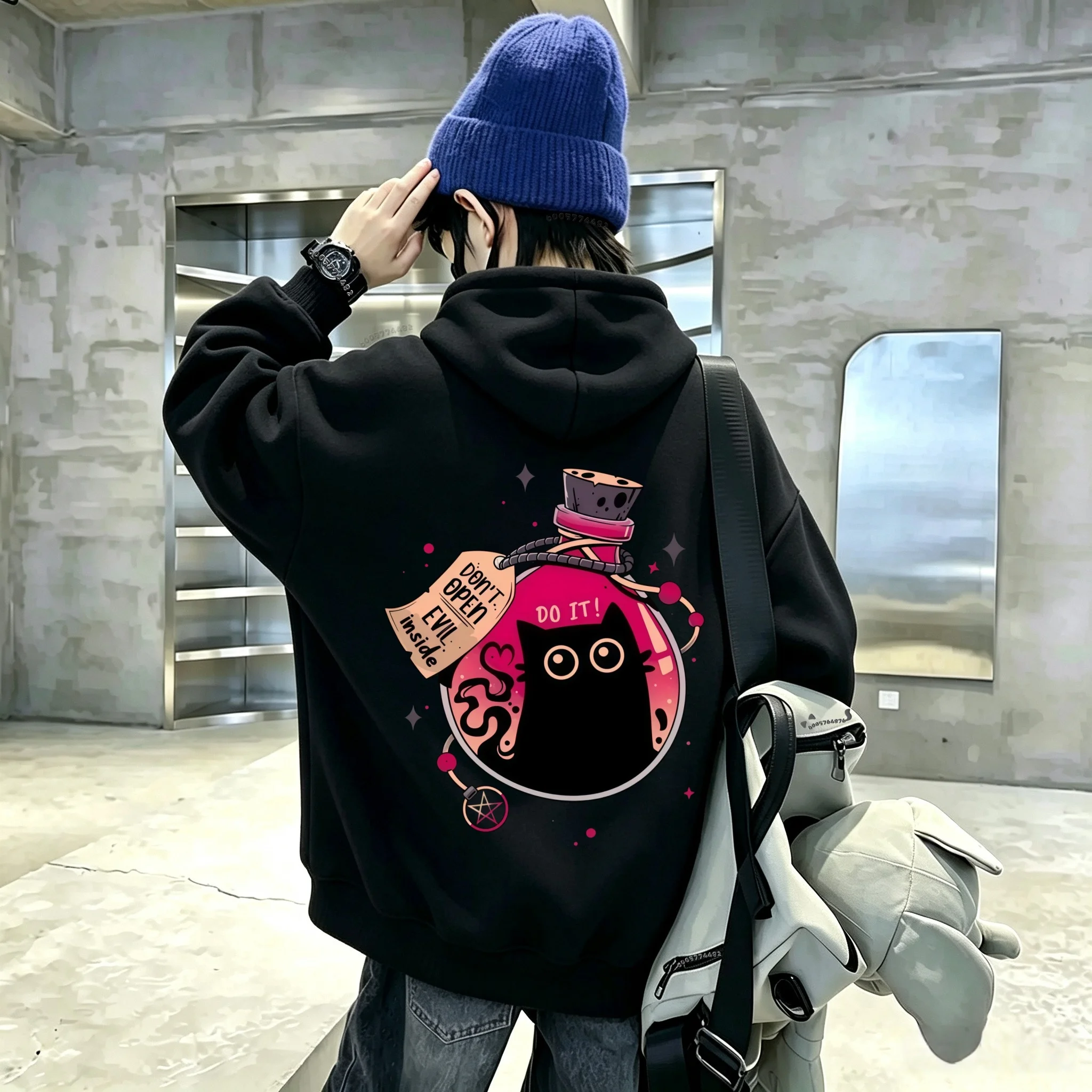 Latest model Gothic vintage witch magic potion bottle black cat pattern children's hooded casual loose long-sleeved hoodie