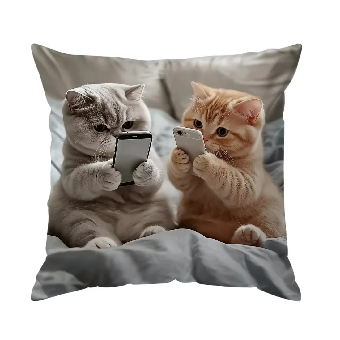Cute Kittens With Smartphones Printed Pillowcase, Pattern Cushion Cover for Sofa Bedroom Car Home Decor