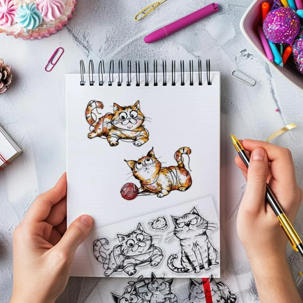 1Sheet Cartoon Gift Cat Clear Stamps Yarn Cat Clear Stamps Pet Cat Silicone Stamps for DIY Scrapbooking Photo Album Decorative