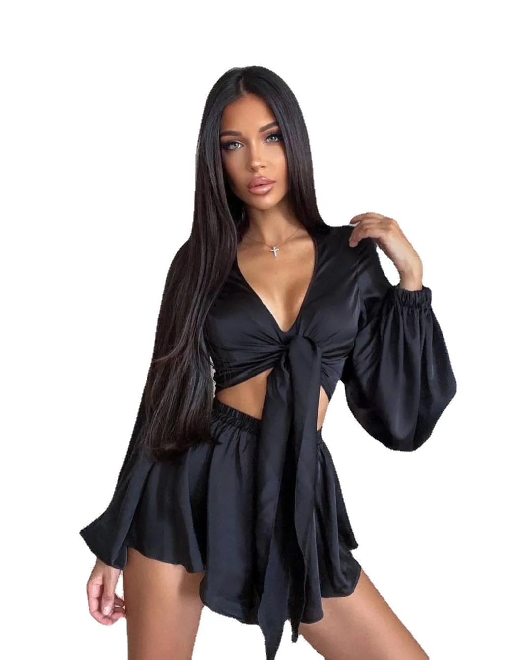 Summer New Sexy Long Sleeve V-Neck Lace-up Shirt Loose Shorts Two Piece Set Women Solid Color Elegant Outfits Zestaw szortów damskich